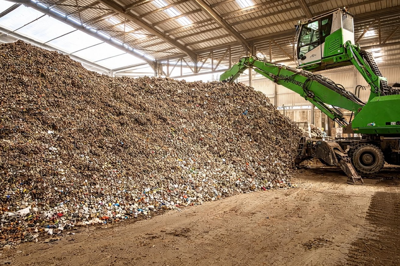 Groene kraan naast een berg gemengd afval in de sorteerhal